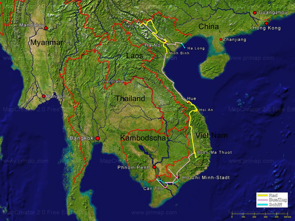 Das war der Ablauf meiner Reise in Vietnam. Gelbe Strecken bin ich mit dem Rad gefahren, rosa Strecken mit Zug oder Bus, und blaue mit dem Schiff.<br />Es gibt auch eine Darstellung als Video.