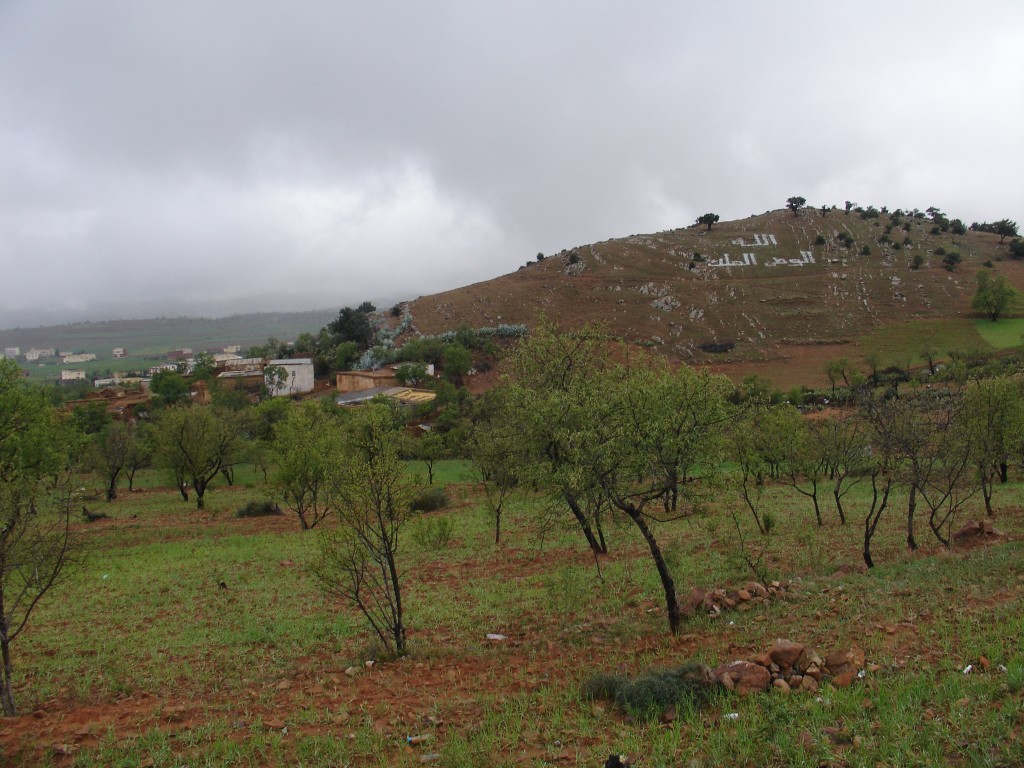 Am Berg war mit weißen Steinen der Text 'Allah, Heimat, König' in die Landschaft gelegt.