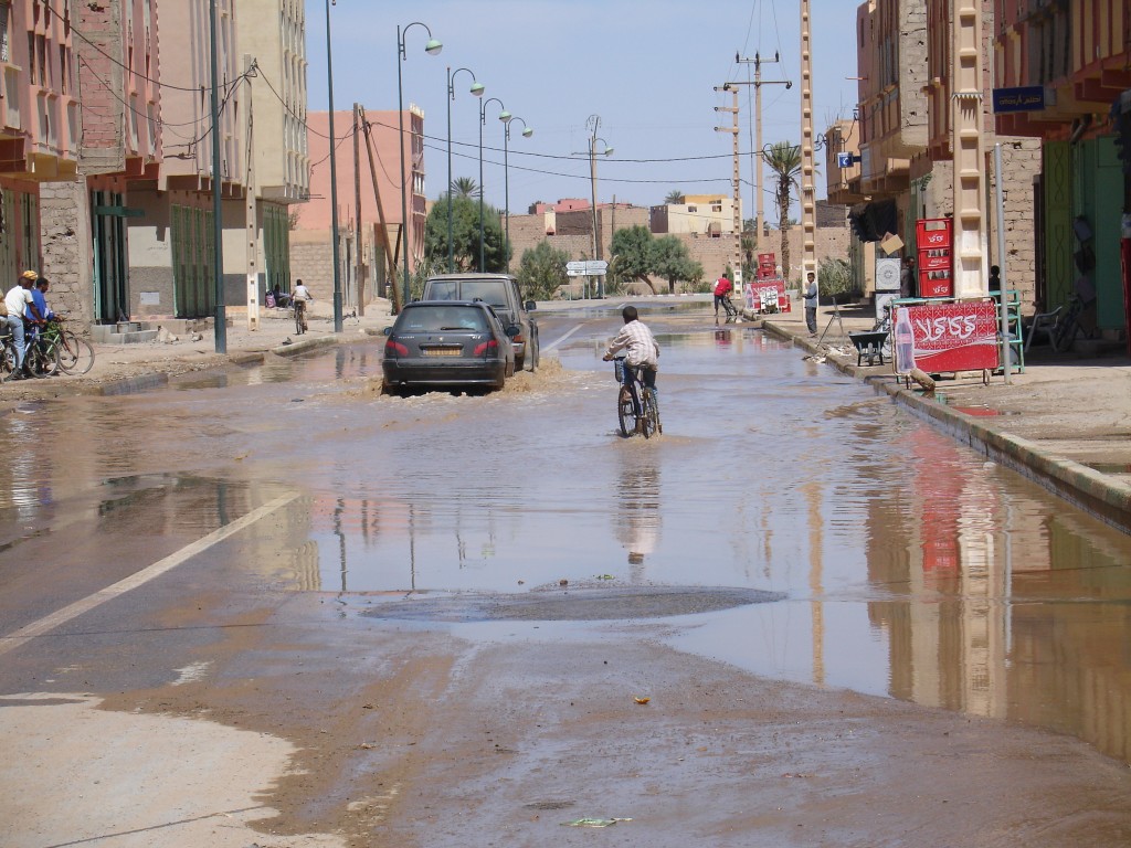 Mit dem Rad konnte ich das Hochwasser hier auf dem Gehsteig umfahren.