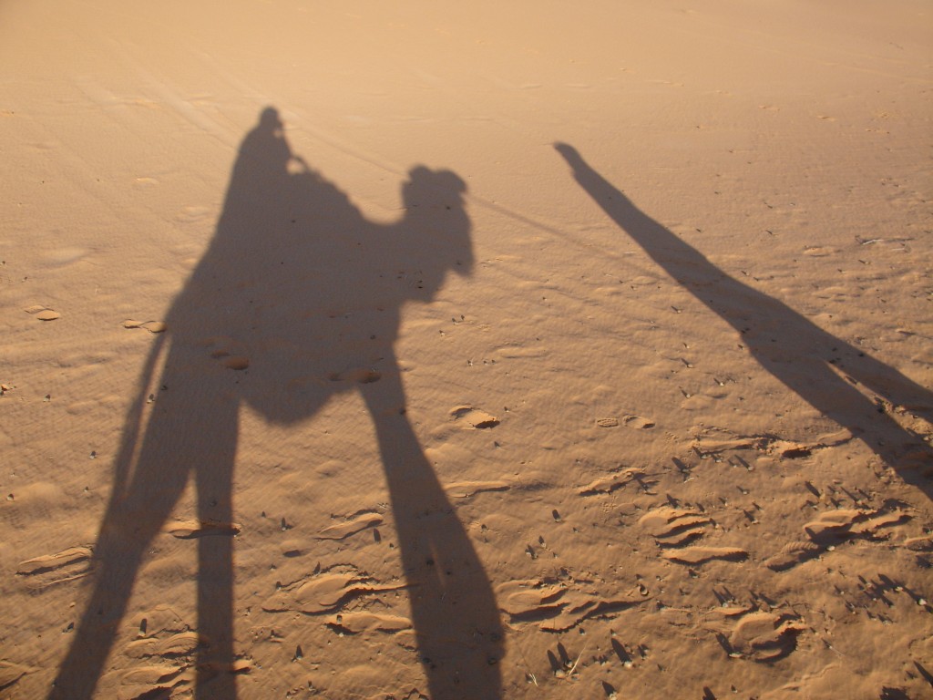 Die Abendsonne warf lange Schatten von dem Dromedar mit mir darauf und von Hassan.