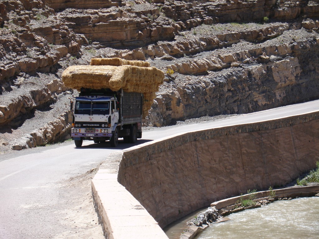 Ein hoch mit Stroh beladener LKW.