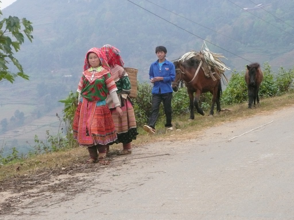 Immer wieder begegnet man auf dieser Straße Bauern. Nach dieser bunten Tracht, die die Frauen tragen, heißt der Stamm, zu dem sie gehören 'Blumen-Hmong'.